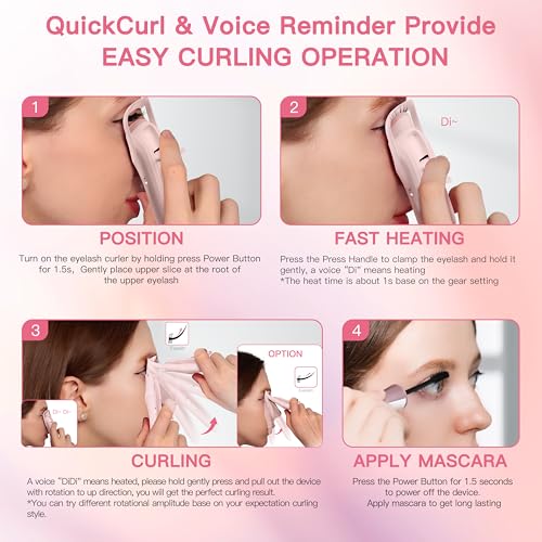 Heated Eyelash Curler Innovative, QuickCurl 2S Heat Up, Naturally Lash Curler 70¡ÆC/85¡ÆC Adjustable Heat, Safe Food-Grade Silicone, 600mAh Battery Portable Size for Travel (Pink)