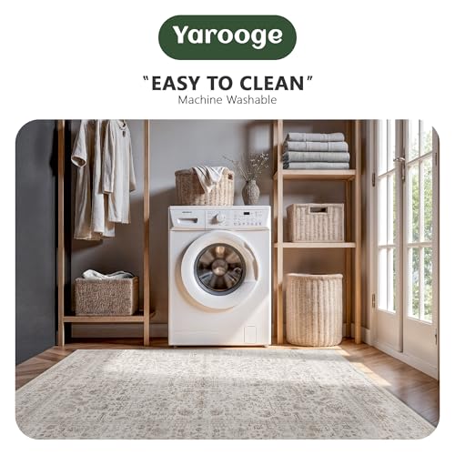 Yarooge 8x10 Light Brown Washable Vintage Floral Rug - Non-Slip Low Pile Carpet for Living Room & Bedroom
