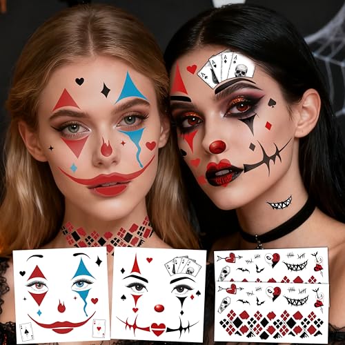 4¡¿ Clown Face Tattoo, Halloween Temporary Tattoos Clown Makeup Joker Tattoos,Halloween Face Tattoos Joker tattoo Temporary for Horror Party Decor Role Playing (4Pcs clown face tattoo)