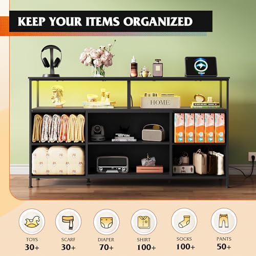55 Inch TV Stand Dresser with LED Lights & Fabric Drawers - Black, Open Shelves