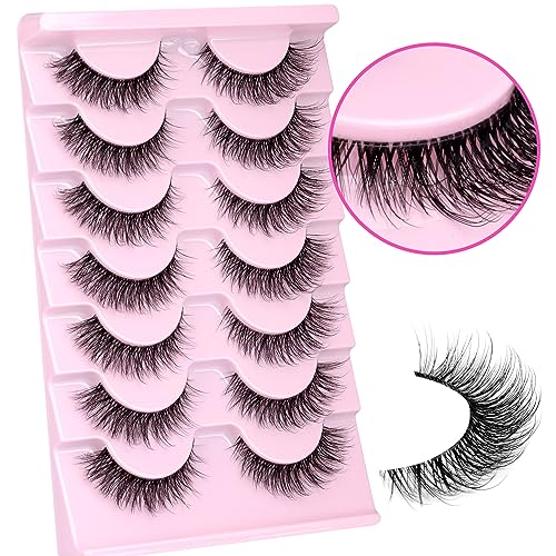 Wiwoseo Natural Wispy Fluffy Cat Eyes Mink Lashes With Glue Kit - Clear Band Russian Strip Eyelashes - Natural Look False Eyelash Extension - D Curly 7 Pairs Pack