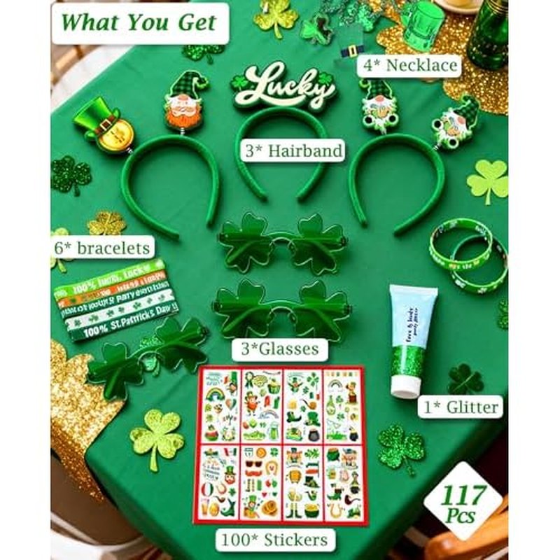 117 Pcs St. Patrick's Day Accessories Kit , Custom Shamrock Green Glitter Gel, Necklaces, Headbands, Shamrock Eyeglasses, Bracelets ,Tattoo Stickers, Irish Party Favors Festival Decorations