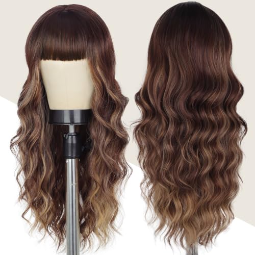 Lativ Brown Highlight Wigs for Women with Bangs & Dark Roots - Long Wavy 26 Inch - Brown Mixed Blonde Variant