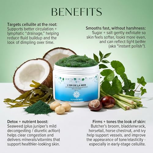YUNASENCE L'OR DE LA MER Organic Anti Cellulite Body Blaster Scrub with Sea Salt, Seaweed, Lemongrass 13oz Smoothing Exfoliating Moisturizing Skin Massage Treatment.