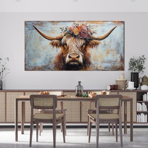 Highland Cow Canvas Wall Art Large 48x24 Inches - Rustic Living Room Decor - JYQ-N Variation