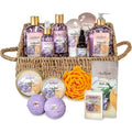 Bath Spa Gift Sets - Luxury Basket With Honey & Lavender - Spa Kit Includes Wash, Bubble Bath, Lotion, Bath Salts, Body Scrub, Body Spray, Shower Puff, Bathbombs, Soap and Towel