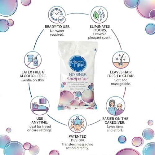 No-Rinse Cleanlife Shampoo Caps 10 Pack Waterless Hair Wash & Conditioner for Elderly, Bedridden, Hospital Patients