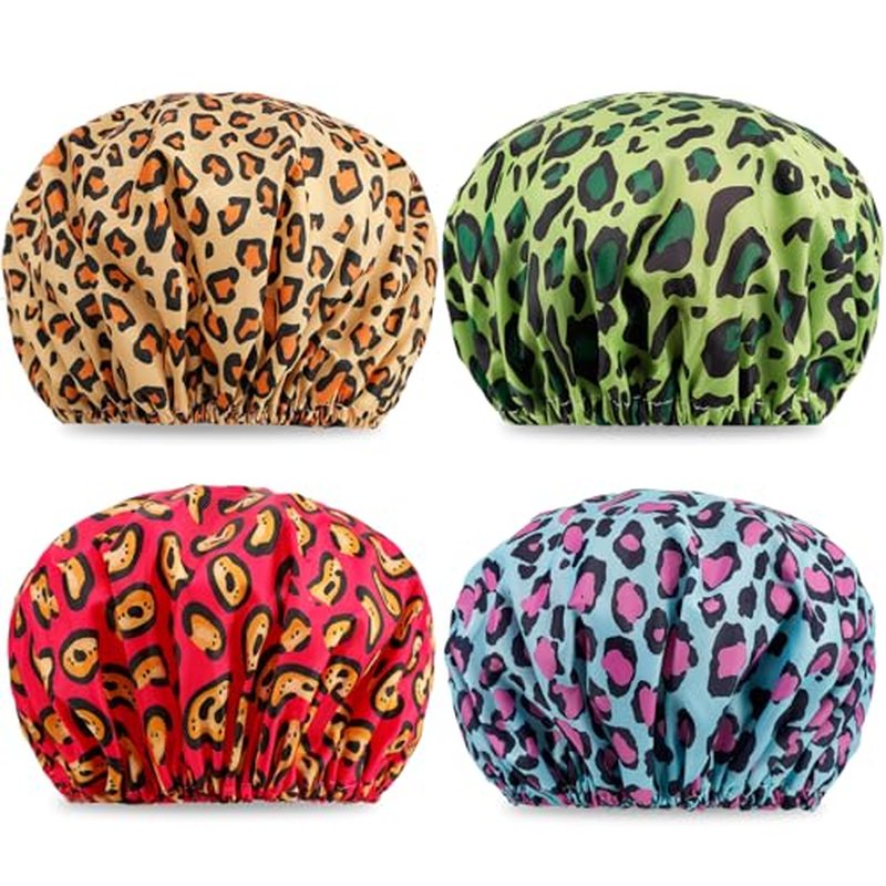 4 PCS Shower Caps for Women,Reusable Waterproof Shower Cap,Double Layers Bath Caps,Large Shower Cap with EVA Lining,Elastic Bathing Hair Cap for All Hair Lengths(Leopard 2)