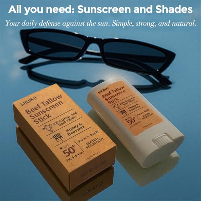 Beef Tallow Sunscreen Organic Stick SPF 50 ? Tallow-Based Mineral Sunscreen with Honey & Beeswax for Face & Body, Water-Resistant Natural Sunblock, 0.53 oz