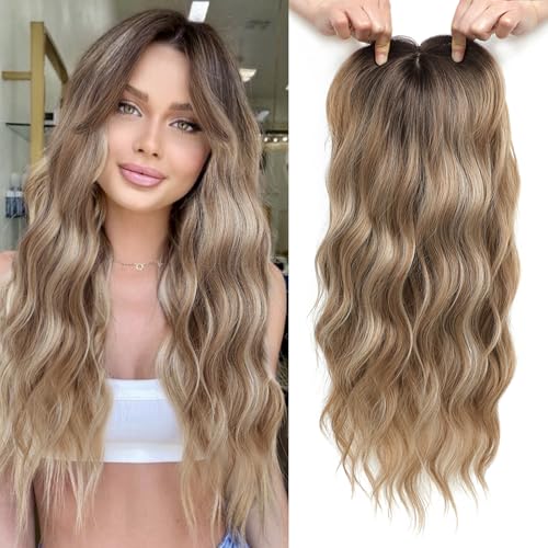 Wavy Hair Topper 20 Inch Clip-In Thinning Hair Coverage with Bangs - Brown Blonde Dark Root Variation