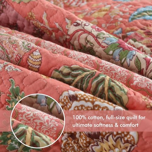 Pink Floral Cotton Quilt Set Queen Size Reversible Bedspread for All Seasons