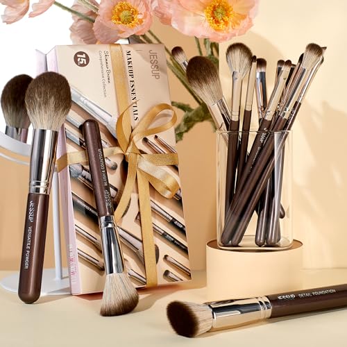Jessup Shimmer Brown Makeup Brush Set with 15 Professional Brushes for Face & Eyes