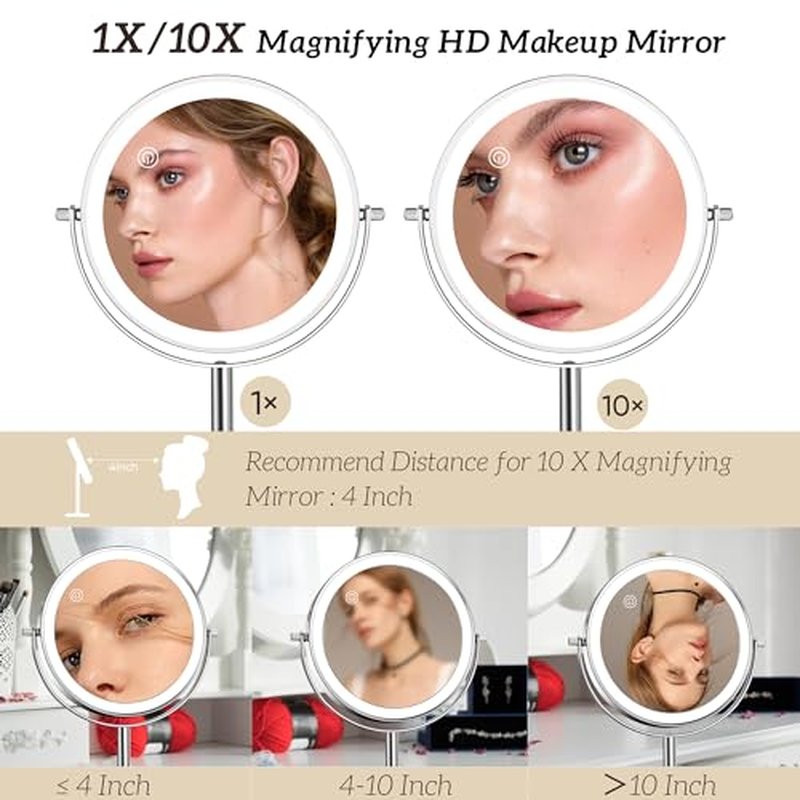 10X Lighted Makeup Mirror with Magnification 8" Stand Up Double Sided Magnifying Mirror with Lights 3 Color Brightness Adjustable Table Light up Mirror 360¡ÆSwivel Rechargable Light up Mirror