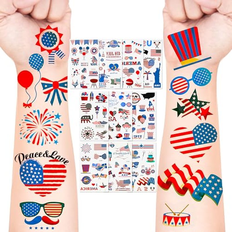 4th of July Tattoos,100PCS 4th of July Temporary Tattoos,Fourth of July Accessories,Red White and Blue Party Supplies Independence Day 2.7x 4.8 inches 10 Sheets