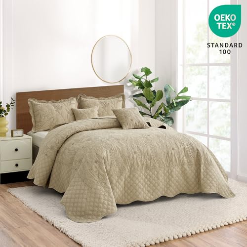 CHIXIN Queen Size Botanical Leaves Quilt Set with Reversible Coverlet & Shams, Lightweight Bedspread, Taupe, 5 Pieces