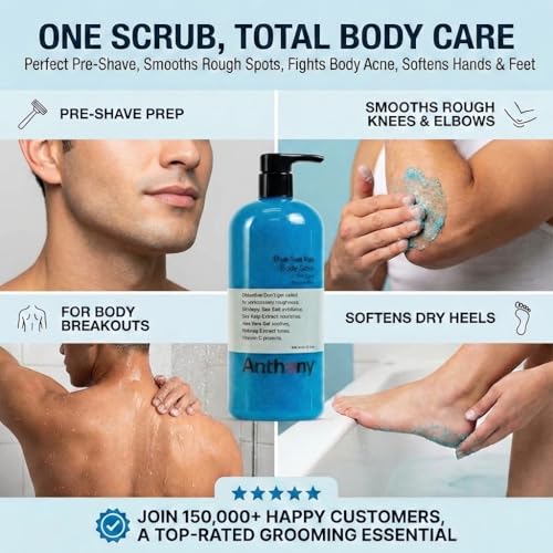 Anthony Exfoliating Body Scrub, Sea Salt, Vitamin C & Aloe Vera, Deep Cleans, Smooths Rough Patches, Soothes & Protects Skin, Hydrating Blue Sea Kelp Body Wash, 32 Fl Oz