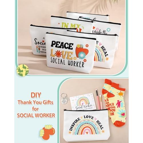 48 Pcs Novelty Social Worker Gifts Bulk Include Funny Cotton Ankle Socks Makeup Bag Keychain Greeting Card for Thank You Appreciation Birthday Graduation Gifts Supplies
