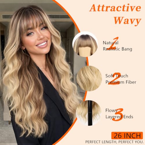 Ombre Blonde Synthetic Wig with Bangs - Long Wavy 26 Inch Hair for Women
