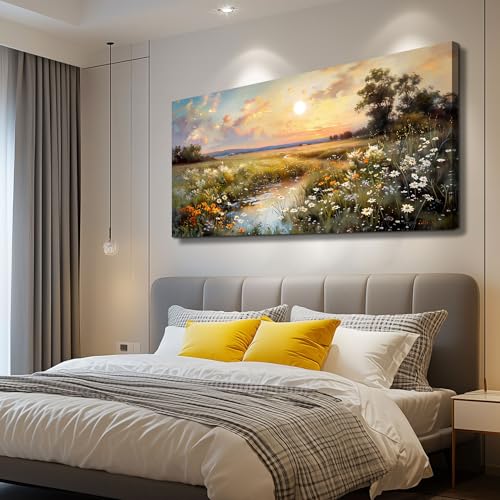 Vintage Farmhouse Wildflower Wall Art Canvas - 48 Inch Rural Scenery