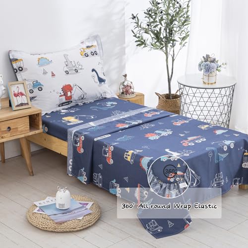 Dinosaur Car Twin Bedding Set - Reversible Comforter & Sheets for Boys, 4 Pieces