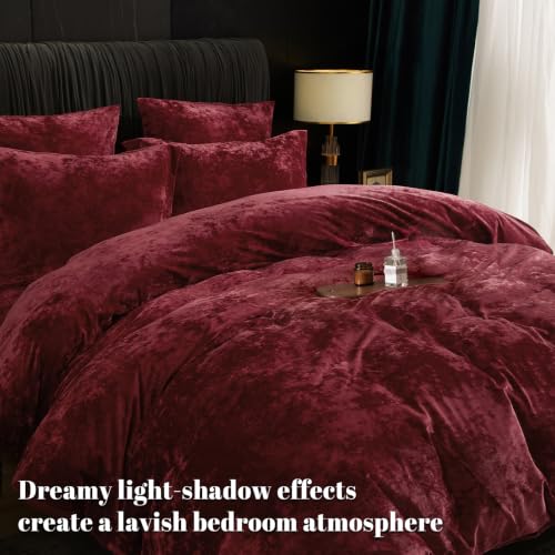 King Size Velvet Duvet Cover Set - Wine Red, 3pcs, No Comforter