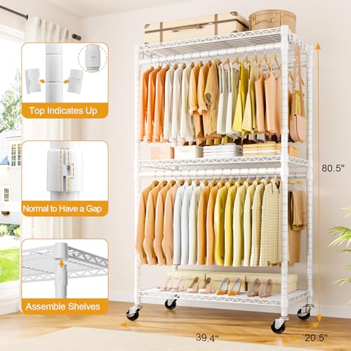 ULIFHOME P5 Rolling Clothes Rack White - Heavy Duty Garment Organizer with Adjustable Shelves & Double Rods