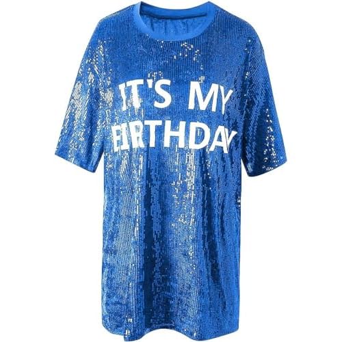 KIRJAUDU Women Sparkly Sequin Mini Dress Crewneck Bling Letter Print Half Sleeve Loose Mini Dress Clubwear
