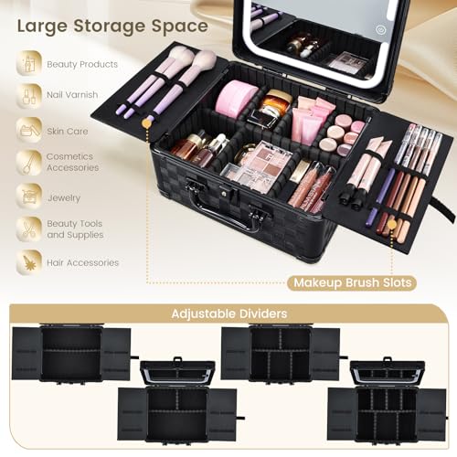 Black Checkerboard Makeup Bag with LED Mirror, Travel Organizer Case with 3-Color Light, 6 Dividers