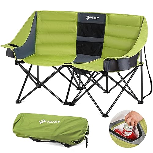 Green VILLEY Double Camping Chair with Cooler Bag, Wide Loveseat, Heavy Duty Foldable Couch, Portable Steel Frame, 600 lbs Capacity