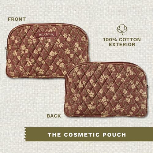 Bella Taylor Burgundy Floral Quilted Makeup Bag - Cosmetic Pouch with 4 Pockets