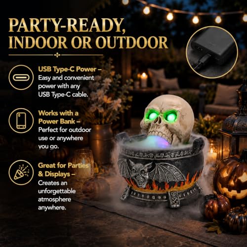 Halloween Skull Fog Machine with Glowing LED Eyes - Cauldron Mist Maker, Skull Cauldron Variation