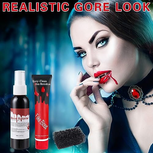 Fake Blood Spray 2.1oz(60 ml) Fake Blood Gel With Spong Washable Fake Blood Makeup for Clothes Face Body,Halloween Special Effects Clown Cosplay Vampire Zombie Makeup Kit