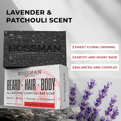 Bossman 4-in-1 Charcoal Soap Bar (4 oz) ? Bar Soap for Men ? All-Natural Beard Wash, Shampoo, Body Wash & Shaving Solution ? Lavender & Patchouli Scent