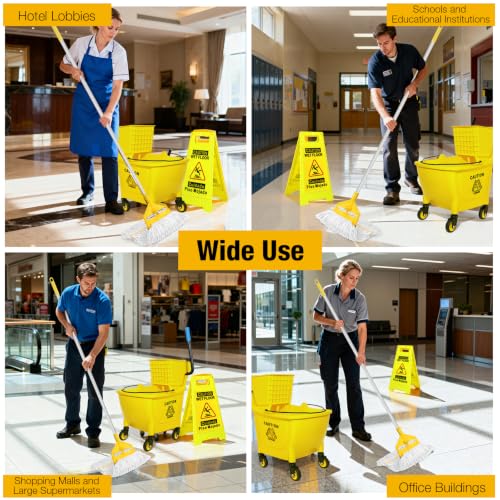 35 Qt Commercial Mop Bucket with Side Press Wringer - Yellow, Wheels