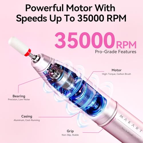 Makartt Electric Nail Drill ? Rechargeable 35000 RPM Professional Efile, Cordless Nail Drill Machine Kit & Nail Machine for Acrylic Dip Powder Gel Polish,Quiet Lightweight Portable Tool for Salon Home