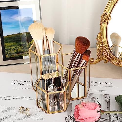 Hipiwe Glass Makeup Brush Holder 3 Slot Hexagon Large Gold Desktop Organizer