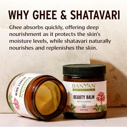 Beauty Balm - Organic Face & Body Moisturizer with Shatavari & Ashwagandha, Night & Hand Care, 4 oz - Vegan & USDA Organic