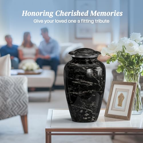 Hearthy Home Large Black Marble Cremation Urn for Human Ashes - Elegant Memorial, 10.5H x 6.25W