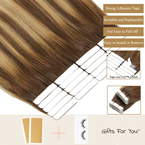 Hair Extensions Tape in Human Hair 14 Inch Chocolate Brown & Caramel Blonde - 20pcs
