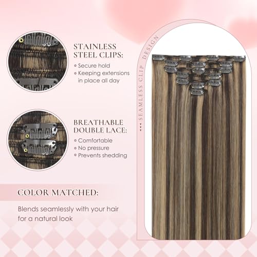 Hyssiet 12 Inch Clip-In Human Hair Extensions #4P27, 55g Thick Straight Chocolate Brown with Caramel Highlights