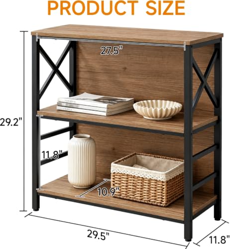 MNEETRUNG Brown 3-Tier Industrial Book Shelf, 29.5" Short Bookcase for Small Spaces