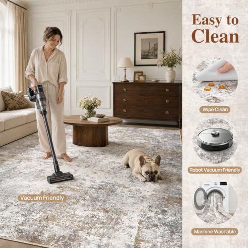 6x9 Rectangular Washable Neutral Abstract Area Rug - Non-Slip Bedroom Living Room Floor Mat - Brown Grey