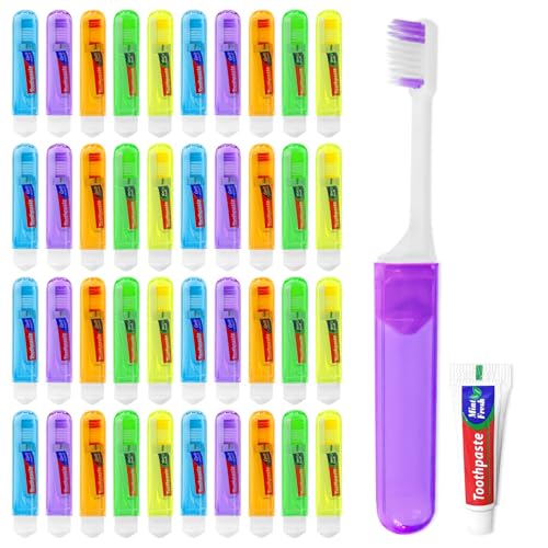 Travel Toothbrush and Toothpaste Set 50 Pack - Foldable, Individually Sealed
