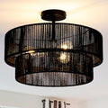 Black Hemp Rope Semi Flush Mount Ceiling Light Fixture 18-Inch Boho Rattan Lamp