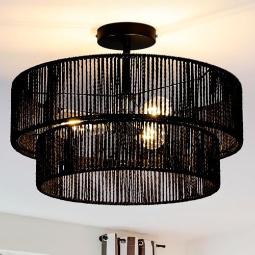 Black Hemp Rope Semi Flush Mount Ceiling Light Fixture 18-Inch Boho Rattan Lamp