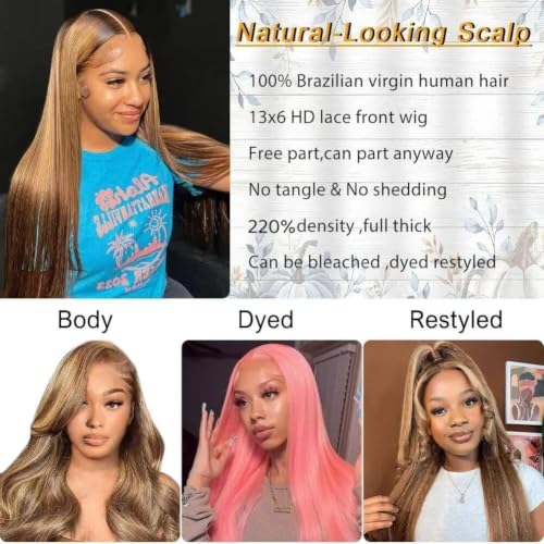 13x6 Ombre Lace Front Human Hair Wig 28 Inch Straight Highlight