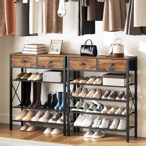 5-Tier Shoe Rack with Drawers - Rustic Brown & Black, Large Capacity, Metal & Wood