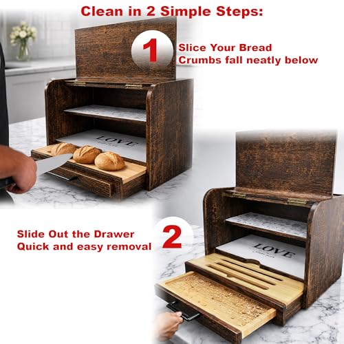 Brown Rustic Bread Box - Fully Assembled Large Wooden Kitchen Storage, Double Layer Design