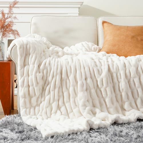 BATTILO Soft Ivory Faux Fur Throw Blanket 50x60 Inches Double-Sided Couch Decor