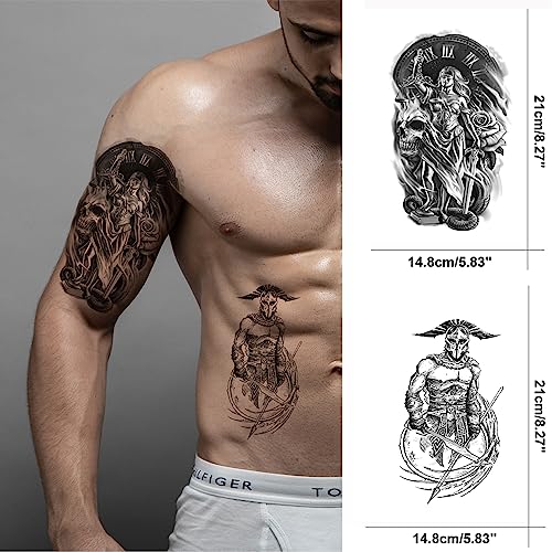 Cool Warrior Roman Temporary Tattoo For Men, Large Black Realistic 3D Greek God Gladiator Fake Tattoo Adult Teen Boy, Spartan Knight Lion Cross Temp Tatoo Sticker Half Sleeve Arm Chest Body, 8-Sheet